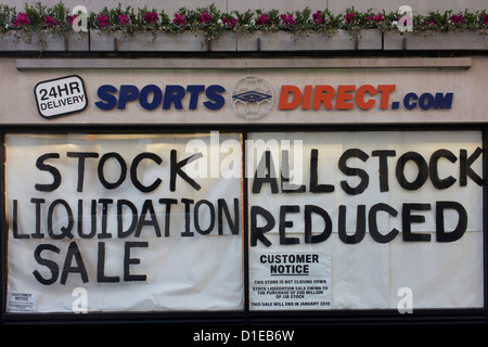 An all reduced sale of sports clothing supplier JJB.com stock, being sold by new buyer, Sports Direct shop in central London. Stock Photo