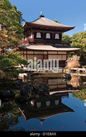 The kannon-den or main hall of Ginkaku-ji Temple (Jisho-ji or the Silver Pavilion) in Kyoto, Japan, reflected in its pool. It was built in 1482 Stock Photo