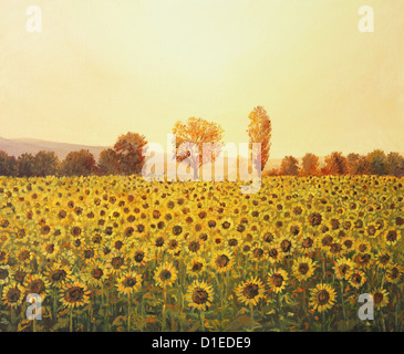 An oil painting on canvas of a rural sunset landscape with a golden sunflower field lit by the warm light of the setting sun. Stock Photo