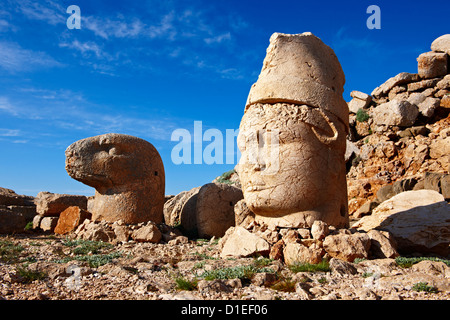 Picture & photo of the statues of around the tomb of Commagene King Antochus 1 on the top of Mount Nemrut, Turkey. Stock Photo