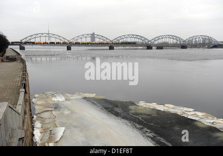 Latvia. Riga. Railway Bridge, 1944, over the frozen waters of the Daugava river. Stock Photo