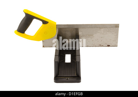 hand saw and angle cut miter box tool isolated on white background. Stock Photo