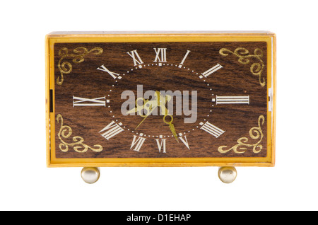 Retro old rectangle alarm clock with roman numbers isolated on white background. Stock Photo