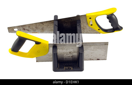 miter box angle cut tool and two hand saws isolated on white background. Stock Photo