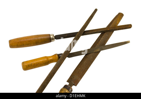 various different steel retro rusty rasp file tool collection isolated on white background. Stock Photo