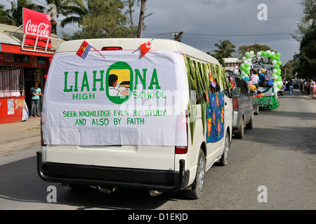 Liahona High School flag on minibus in the Float Parade on the first morning - July 16 - of the 2012 Heilala Festival. Tonga Stock Photo