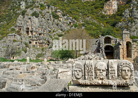 Rock tombs and theater masks made of stone in Myra, Turkey Stock Photo