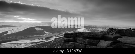 Black and White panoramic image, Wintertime over Howden Moors, Upper Derwent Valley, Peak District National Park, Derbyshire Stock Photo