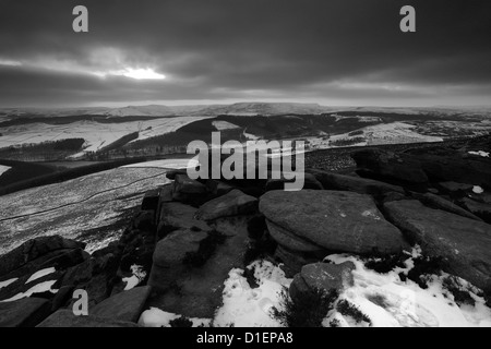 Black and White panoramic image, Wintertime over Howden Moors, Upper Derwent Valley, Peak District National Park, Derbyshire Stock Photo