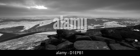 Black and White panoramic image, Wintertime over Howden Moors, Upper Derwent Valley, Peak District National Park, Derbyshire Stock Photo