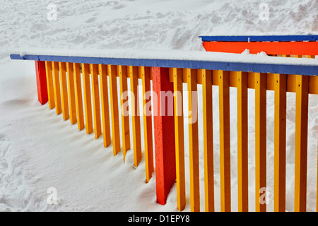 Building railings with fresh snow at Silver Star Ski Resort, Vernon, British Columbia BC, Canada Stock Photo