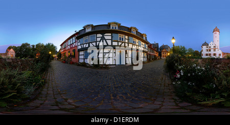 Half-timbered house at the blue hour, Frankfurt am Main, Germany Stock Photo