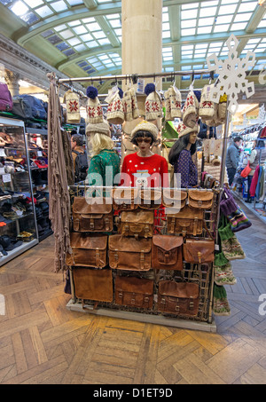 Leather satchel and hat stall in the Corn exchange at St Nicholas Market in Bristol Stock Photo