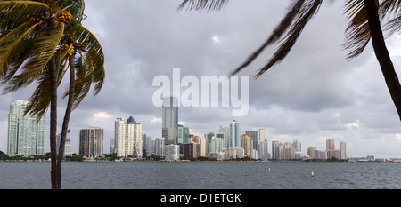 Miami cityscape skyline at dawn sunrise from Rickenbacker causeway on cloudy morning Stock Photo