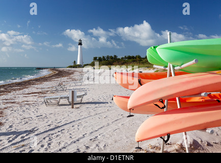 Florida Keys : Cape Florida Lighthouse in Bill Baggs State Park in Key Biscayne Florida with rental canoes kayaks Stock Photo