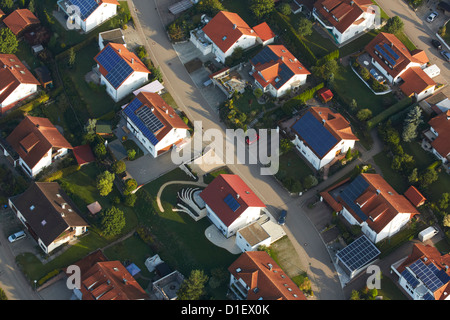 Houses with solar panels on roofs, Maegerkingen, Baden-Wuerttemberg, Germany, aerial photo Stock Photo