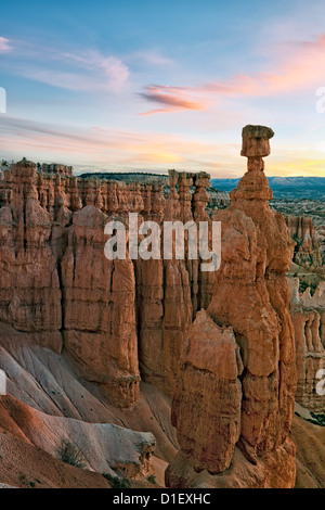 Sunrise over Utah’s Bryce Canyon National Park and the iconic hoodoo known as Thor’s Hammer. Stock Photo