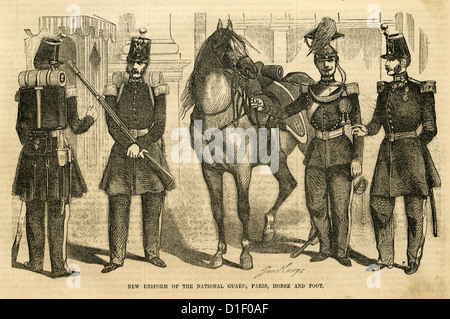 1854 engraving, New Uniform of the National Guard, Paris, Horse and Foot. Stock Photo