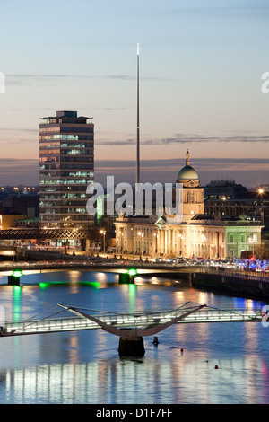 River Liffey, Dublin at Dusk, looking west, with Custom House and Spire from High Level Stock Photo