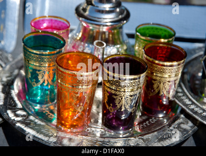 A set of colourful tea glasses for sale in the souk, in Marrakech, Morocco, North Africa, Africa Stock Photo