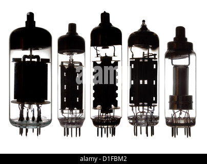 Glass vacuum radio tubes.High-contrast foto in backlight.Isolated on white background. Stock Photo