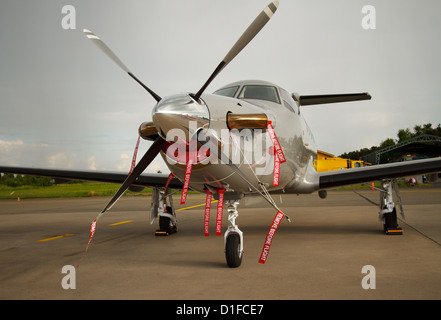 Pilatus PC-12 NG transport and liaison aircraft of the Finnish Air Force, with numerous 'Remove before flight' tags. Stock Photo