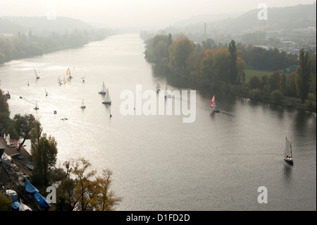 Sail boats on Vltava River in autumn, Vysehrad, Prague, Czech Republic, Europe Stock Photo