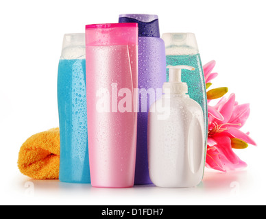 Composition with plastic bottles of body care and beauty products Stock Photo