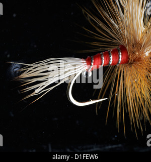 Wulff red Artificial Fishing fly used in angling in extreme close shot in water Stock Photo
