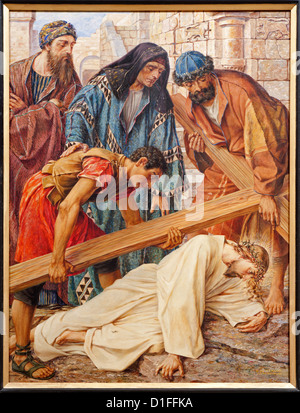 GENT - JUNE 23: Jesus fall under cross in st. Peter s church by Rene de Cramer from year 1917 on June 23, 2012 in Gent, Belgium. Stock Photo