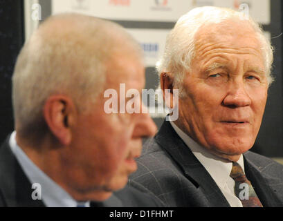 Czechoslovak silver medallists form the soccer World Cup 1962 pose during press conference ahead of the Award ceremony Sportsman of the Year on December 19, 2012 in Prague, Czech Republic. Josef Masopust (left) and Adolf Scherer. Former soccer players were announced Legends of Sport. (CTK Photo/Stanislav Zbynek)