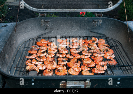 BBQ shrimps cooking on a grill in the garden Stock Photo