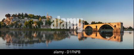 Sunrise over River Rhone, Pont Saint Benezet and Palais des Papes, Avignon, Provence France Stock Photo