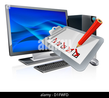 Desktop computer with survey clip board flying out of screen. Online survey, questionnaire or voting concept Stock Photo