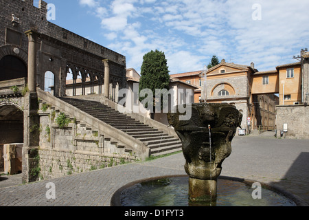 Fountain and  terrace of the Pope's Palace in Viterbo, Lazio, Italy, Europe Stock Photo