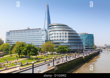 South Bank with City Hall, Shard London Bridge and More London buildings, London, England, United Kingdom, Europe Stock Photo