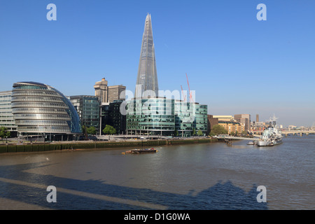 South Bank with City Hall, Shard London Bridge and More London buildings, London, England, United Kingdom, Europe Stock Photo