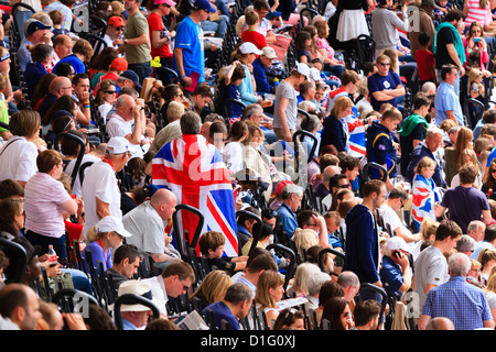 Crowd of British spectators with Union flags in a sports arena, London, England, United Kingdom, Europe Stock Photo