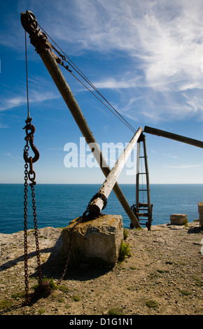 Boat crane on the west coast cliffs of Portland Bill Dorset UK Stock Photo