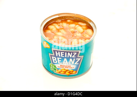 An opened tin of Heinz Beanz baked beans with reduced sugar & salt ...