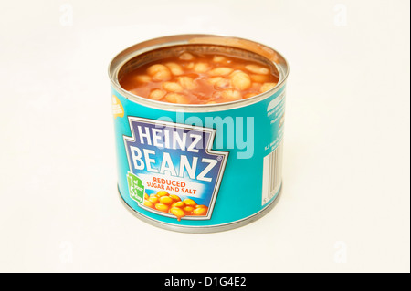 An opened tin of Heinz Beanz baked beans with reduced sugar & salt Stock Photo