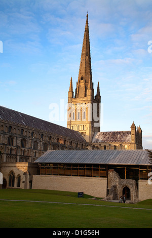 Last light on the spire at Norwich Cathedral, Norwich, Norfolk, England, United Kingdom, Europe Stock Photo