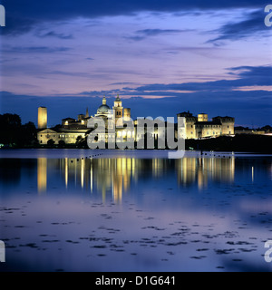 Dusk over the old town and Lake Inferiore, Mantua, Lombardy, Italy, Europe Stock Photo