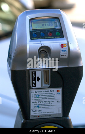 Parking meter that accepts credit cards for payment in San Francisco, California, USA. Stock Photo