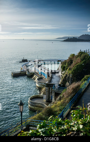 Side view of Art Deco 1935 Tinside Lido on a winters morning. The Hoe, Plymouth, Devon. UK Stock Photo