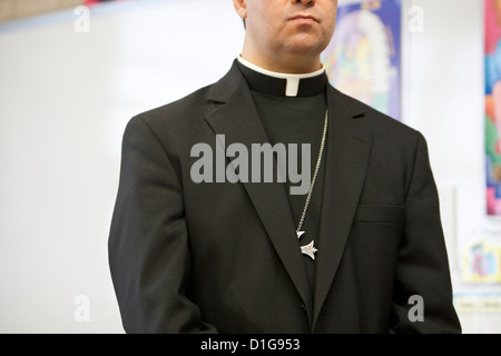 Catholic Bishop wearing the traditional clerical or clergy collar. Also known at a Roman collar Stock Photo