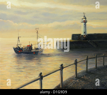 An oil painting on canvas of a sunrise landscape with a fishing boat leaving the port and an old lighthouse in Mevagissey, Stock Photo