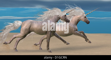 Two white unicorn horses gallop together in the desert. Stock Photo