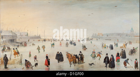 Hendrick Avercamp - A Scene on the Ice. Landscape painting of a Dutch winter scene during the Little Ice Age. Stock Photo