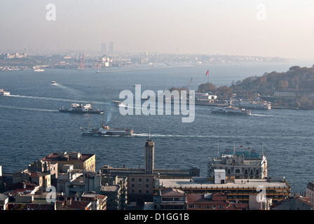 Istanbul boat traffic on Bosphorous and Golden Horn seen from Galata tower,in rear Asian side UskUuar, Kadikoy, Turkey Stock Photo